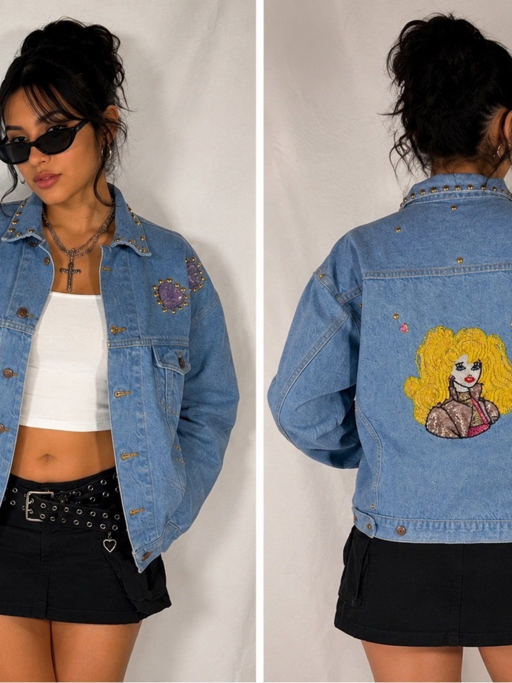 Vintage Y2K Bedazzled Denim Jacket Dolly Glam Sequin Studded Medium